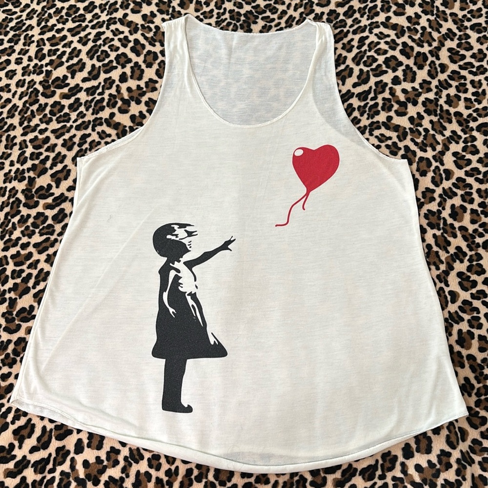 BANKSY Girl With Balloon 🎈 White Tank Top Graphic Shirt Street Art Mural Life